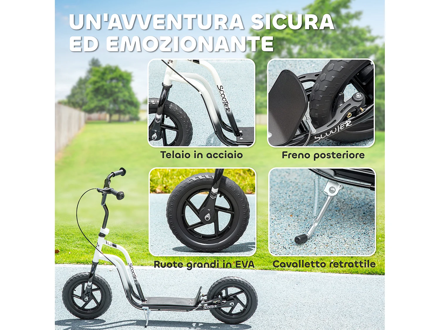 Monopattino per bambini regolabile con cavalletto bianco e nero