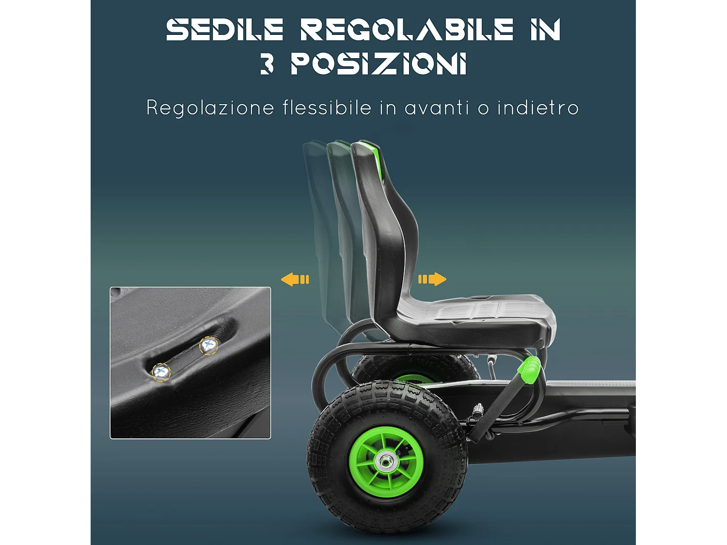 Go Kart a pedali per bambini con sedile regolabile verde e nero