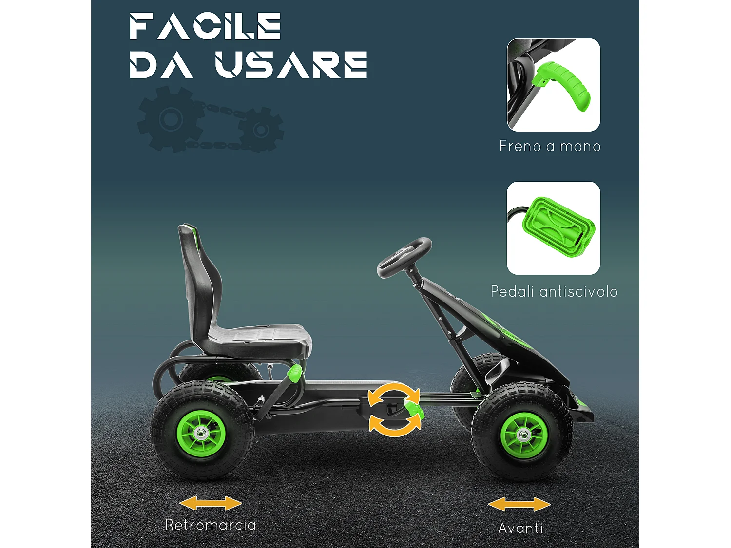 Go Kart a pedali per bambini con sedile regolabile verde e nero