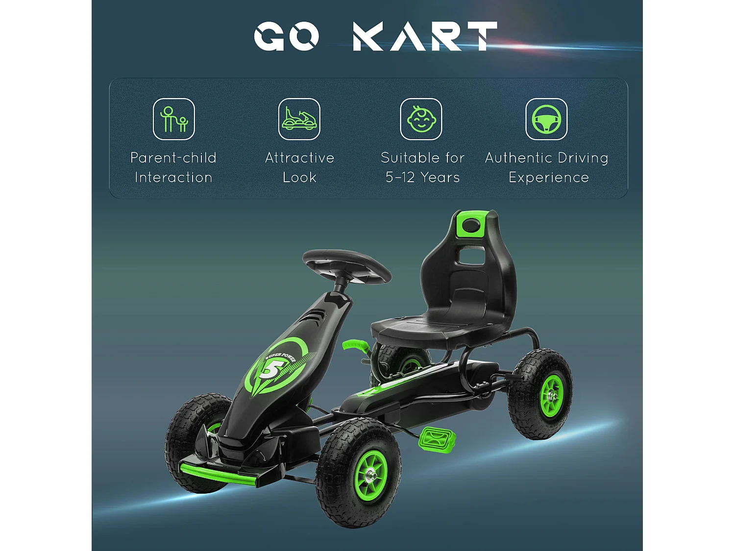 Go Kart a pedali per bambini con sedile regolabile verde e nero