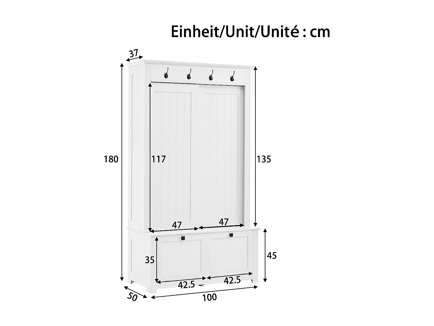 Schuhschrank/Flurschrank mit Haken – 100 x 50 x 180 cm – mit 3 Türen – MDF – weiß