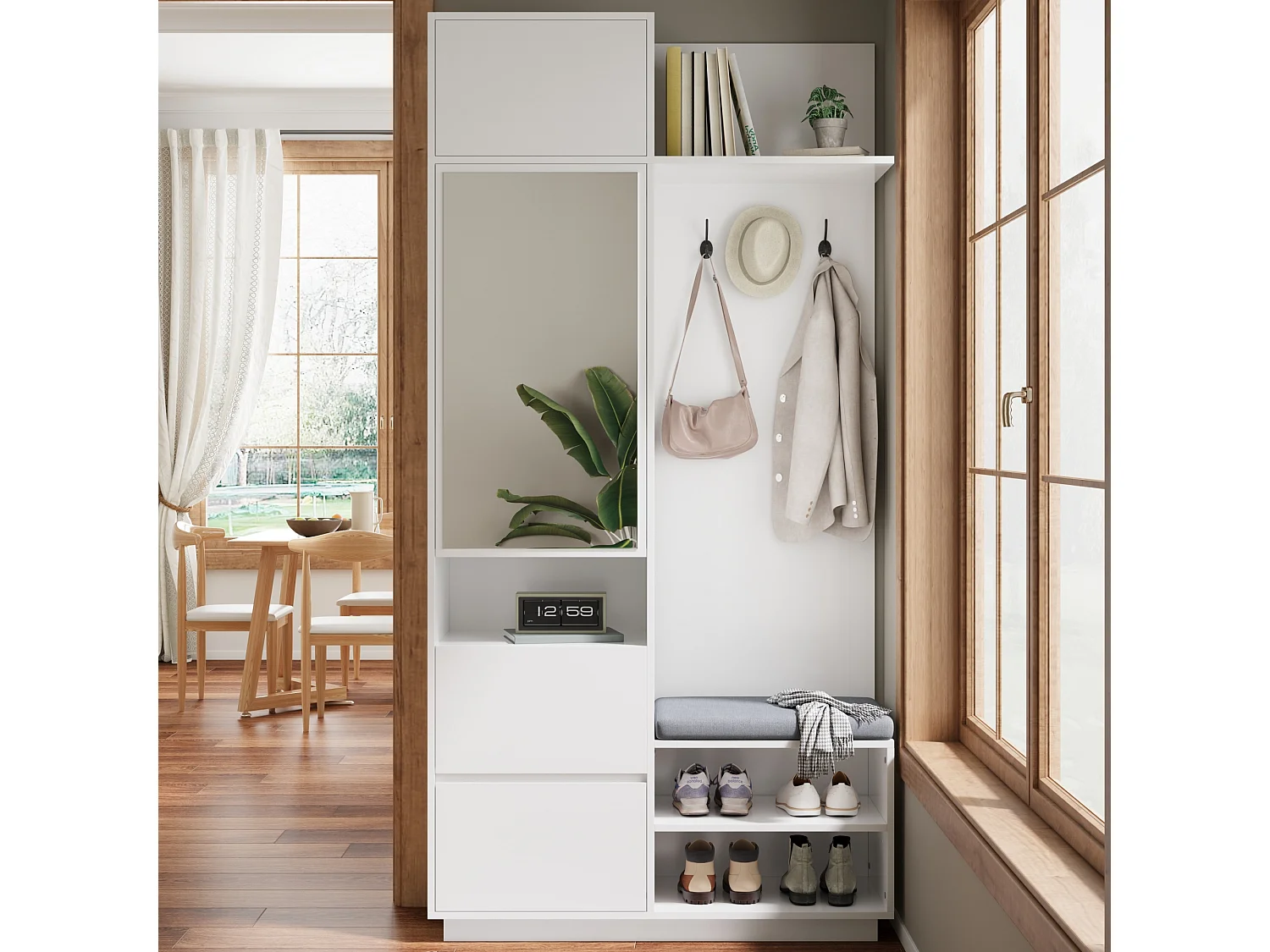 Kleiderschrank mit Spiegel und Sitzbank – 90 x 34,5 x 190 cm – mit Schuhregal, Haken und Schublade – weiß