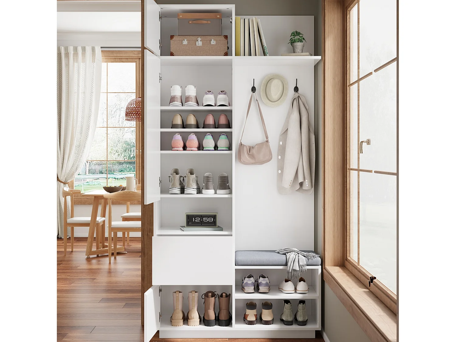 Kleiderschrank mit Spiegel und Sitzbank – 90 x 34,5 x 190 cm – mit Schuhregal, Haken und Schublade – weiß