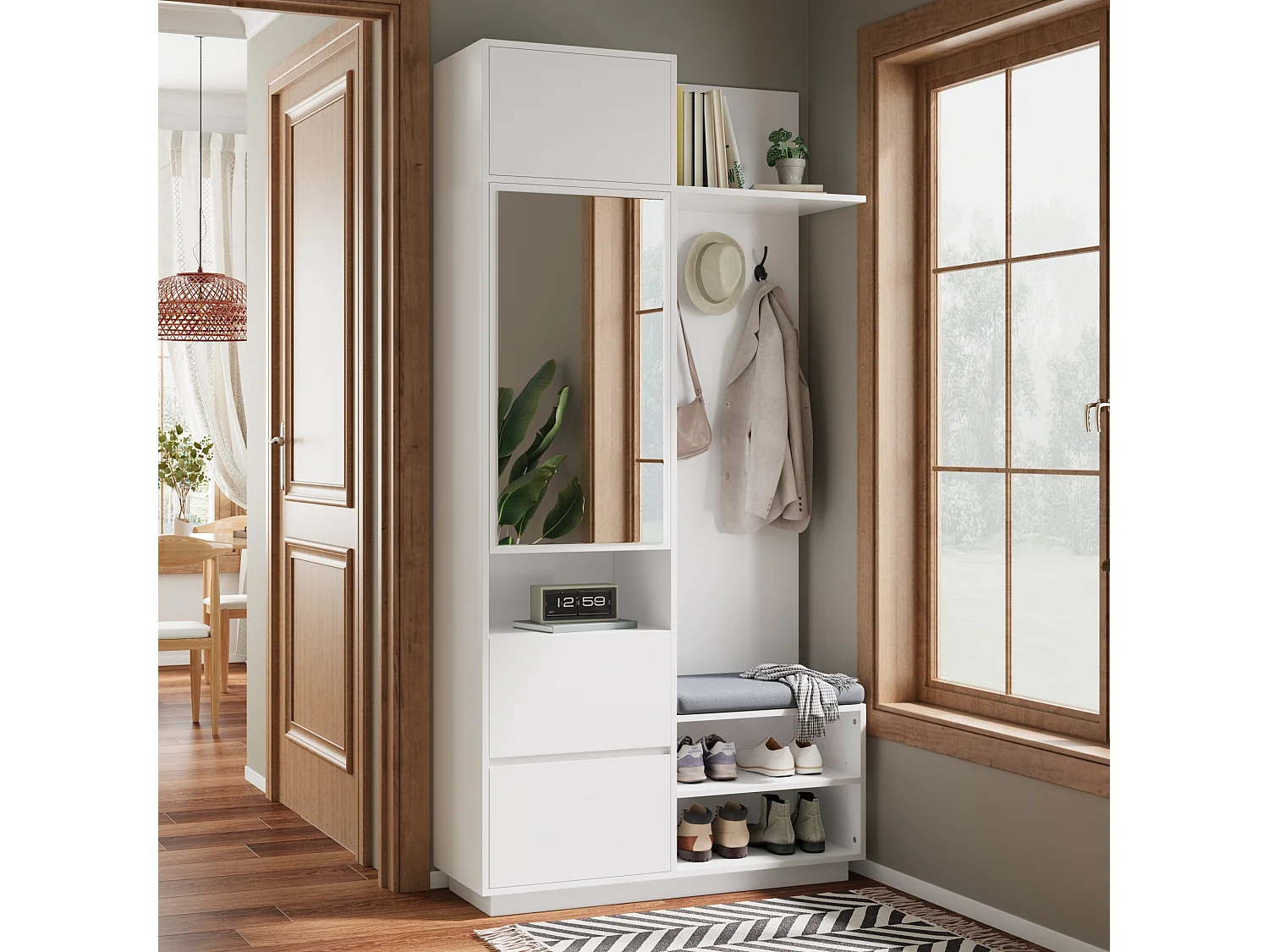 Kleiderschrank mit Spiegel und Sitzbank – 90 x 34,5 x 190 cm – mit Schuhregal, Haken und Schublade – weiß