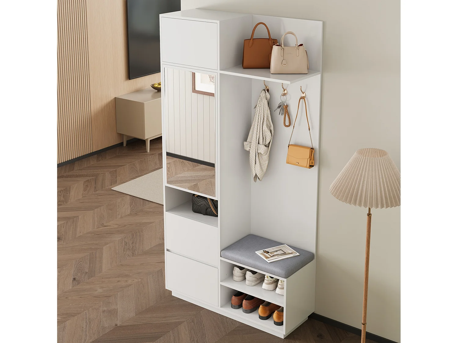 Kleiderschrank mit Spiegel und Sitzbank – 90 x 34,5 x 190 cm – mit Schuhregal, Haken und Schublade – weiß