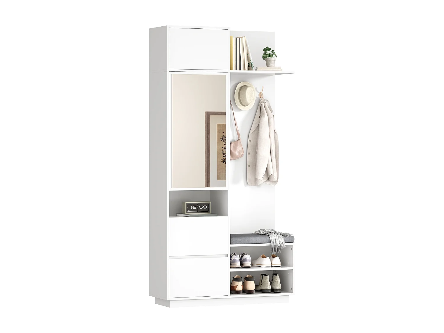 Kleiderschrank mit Spiegel und Sitzbank – 90 x 34,5 x 190 cm – mit Schuhregal, Haken und Schublade – weiß