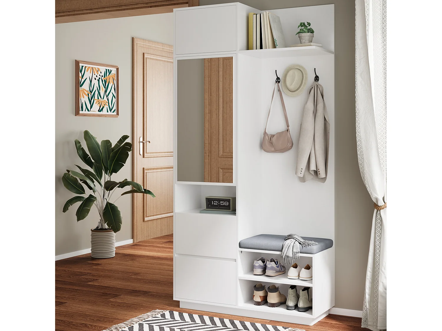 Kleiderschrank mit Spiegel und Sitzbank – 90 x 34,5 x 190 cm – mit Schuhregal, Haken und Schublade – weiß