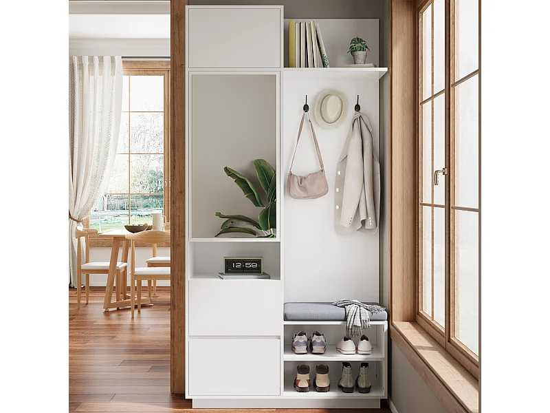 Guarda-roupa com espelho e banco - 90 x 34,5 x 190 cm - com sapateira + ganchos + gaveta - branco