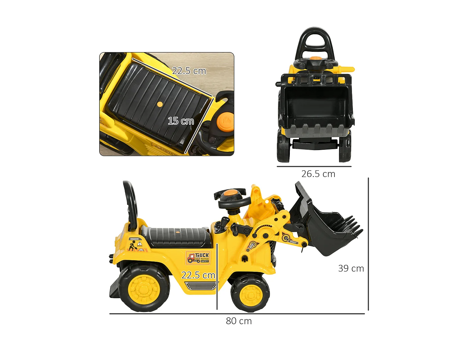 Escavatore per bambini con benna e spazio portaoggetti giallo e nero