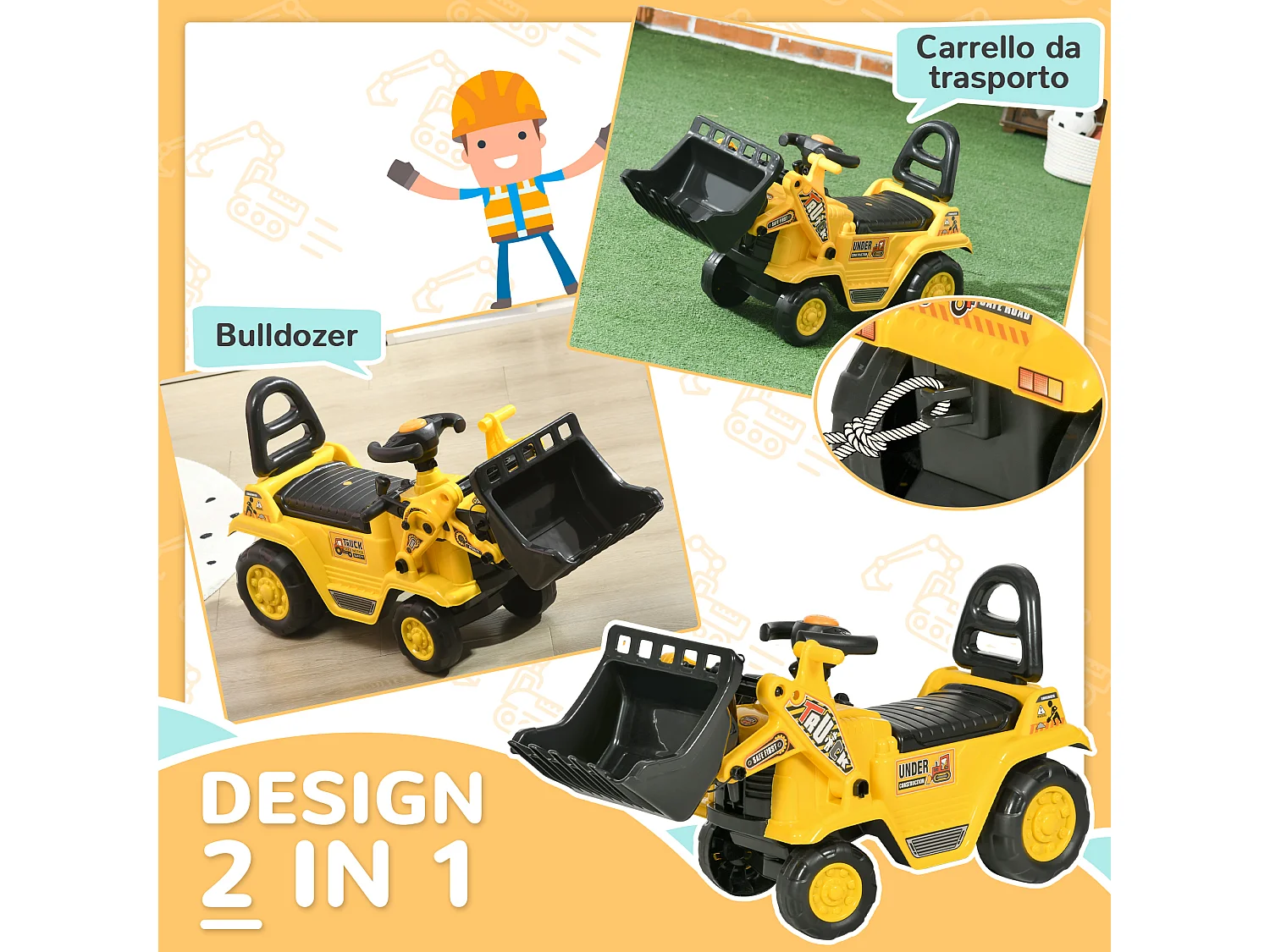 Escavatore per bambini con benna e spazio portaoggetti giallo e nero