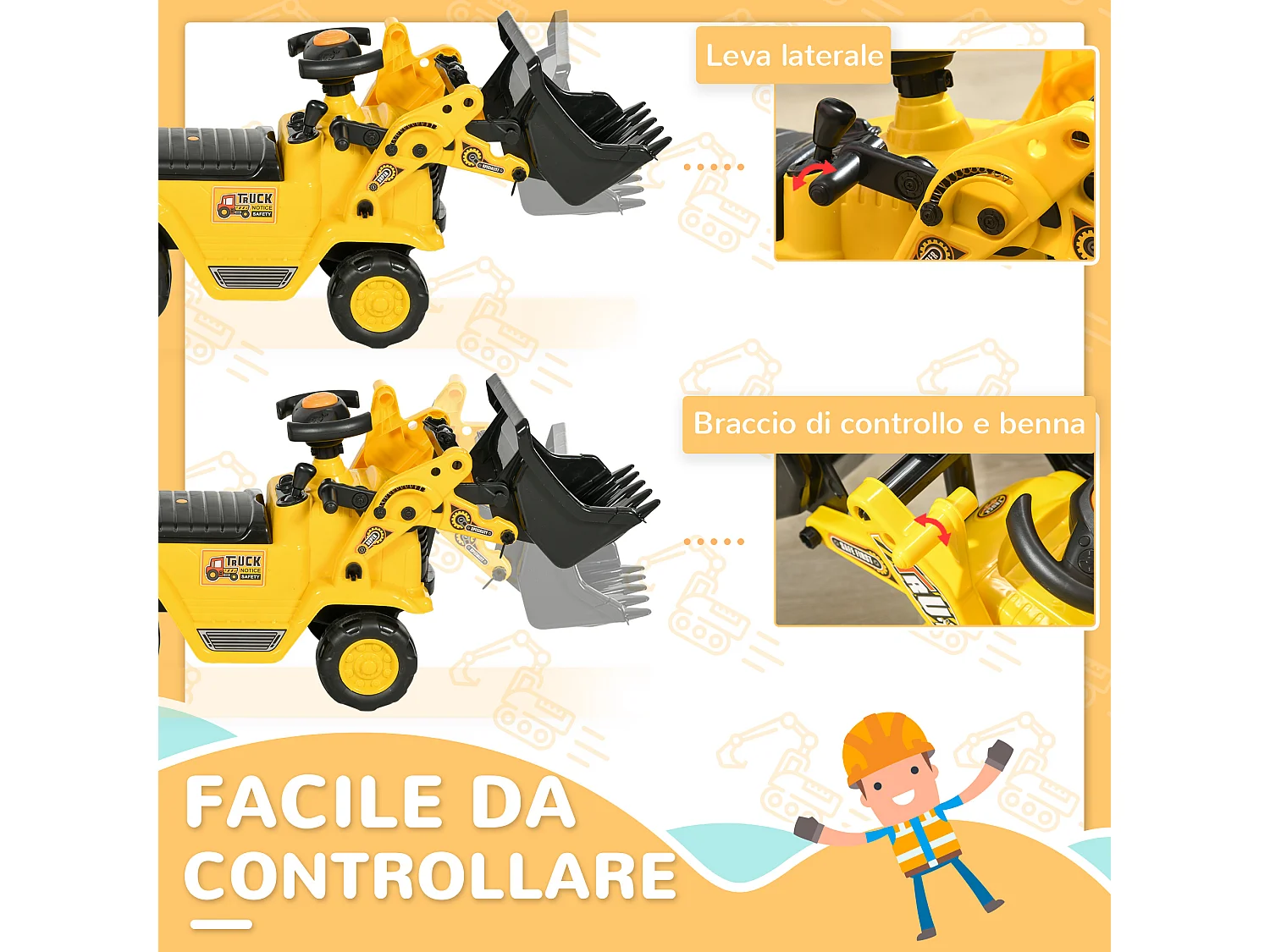 Escavatore per bambini con benna e spazio portaoggetti giallo e nero