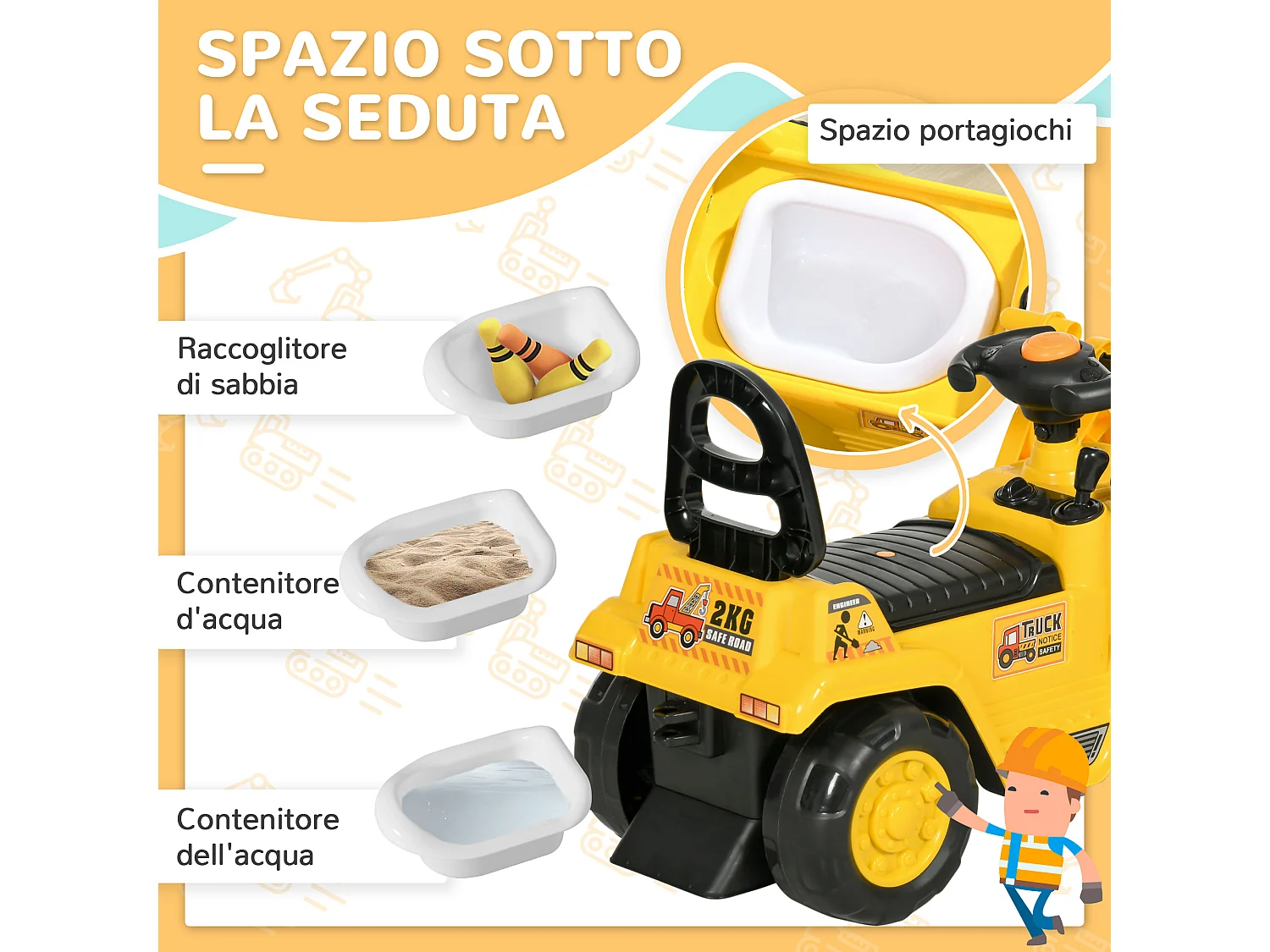 Escavatore per bambini con benna e spazio portaoggetti giallo e nero