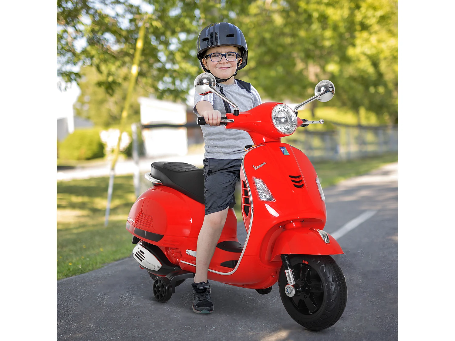 Moto elettrica per bambini 3-6 anni design vespa con suoni rosso