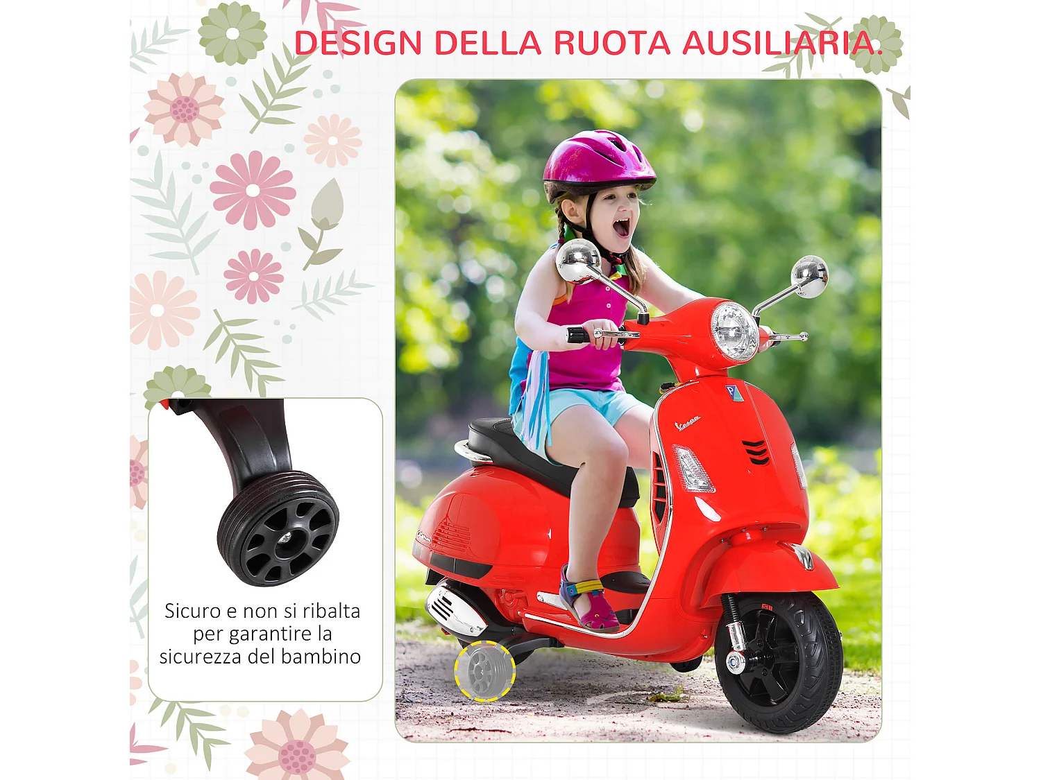 Moto elettrica per bambini 3-6 anni design vespa con suoni rosso