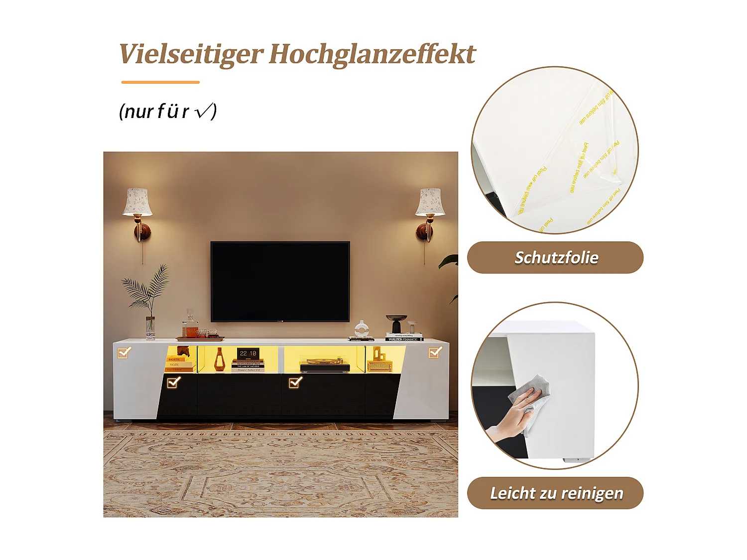 Hochglanzlackiertes TV-Möbel - 180 x 38,5 x 45 cm - mit LEDs + 2 Schubladen + offenen Regalen - MDF + Glas - weiß + schwarz.