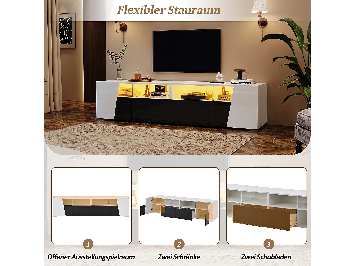 Hochglanzlackiertes TV-Möbel - 180 x 38,5 x 45 cm - mit LEDs + 2 Schubladen + offenen Regalen - MDF + Glas - weiß + schwarz.