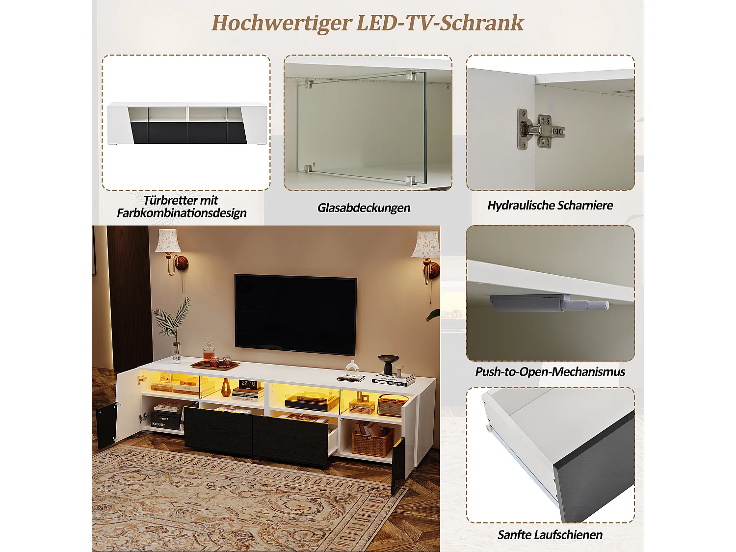 Hochglanzlackiertes TV-Möbel - 180 x 38,5 x 45 cm - mit LEDs + 2 Schubladen + offenen Regalen - MDF + Glas - weiß + schwarz.