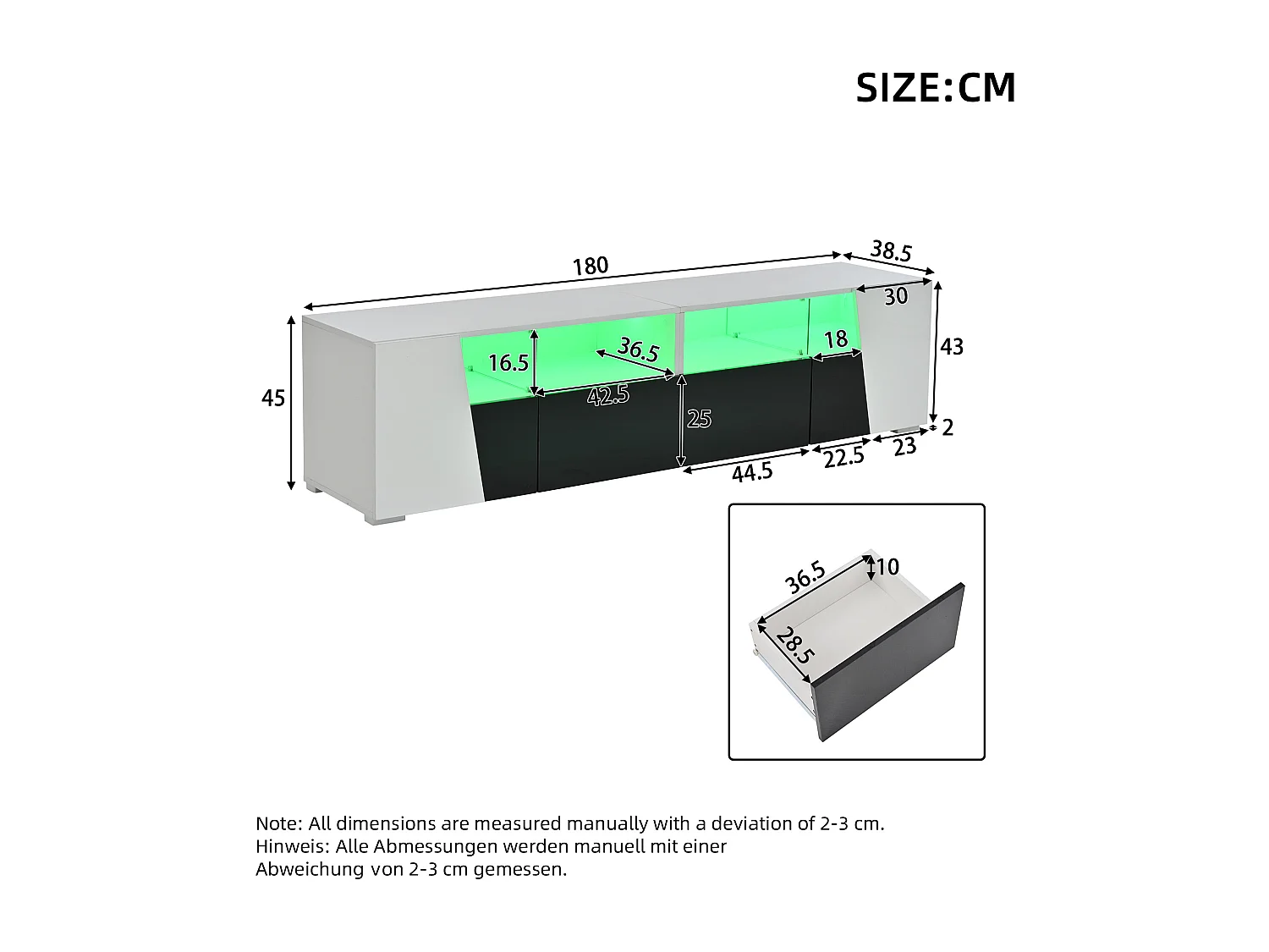 Mobile TV laccato lucido - 180 x 38,5 x 45 cm - con LED + 2 cassetti + ripiani aperti - MDF + vetro - bianco + nero.