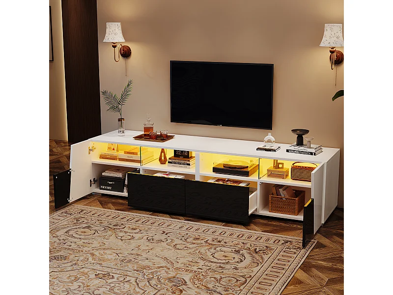 Szafka RTV lakierowana na wysoki połysk - 180 x 38,5 x 45 cm - z diodami LED + 2 szuflady + otwarte półki - MDF + szkło - biała + czarna.