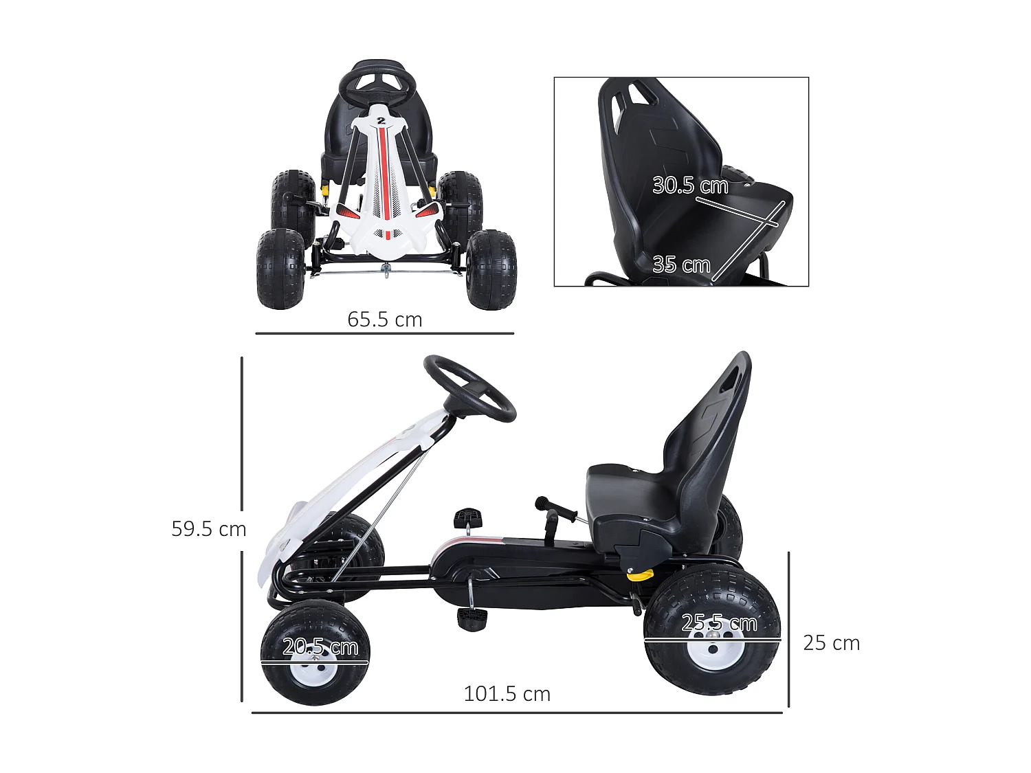 Go-kart a pedali per bambini con freno e frizione bianco e nero