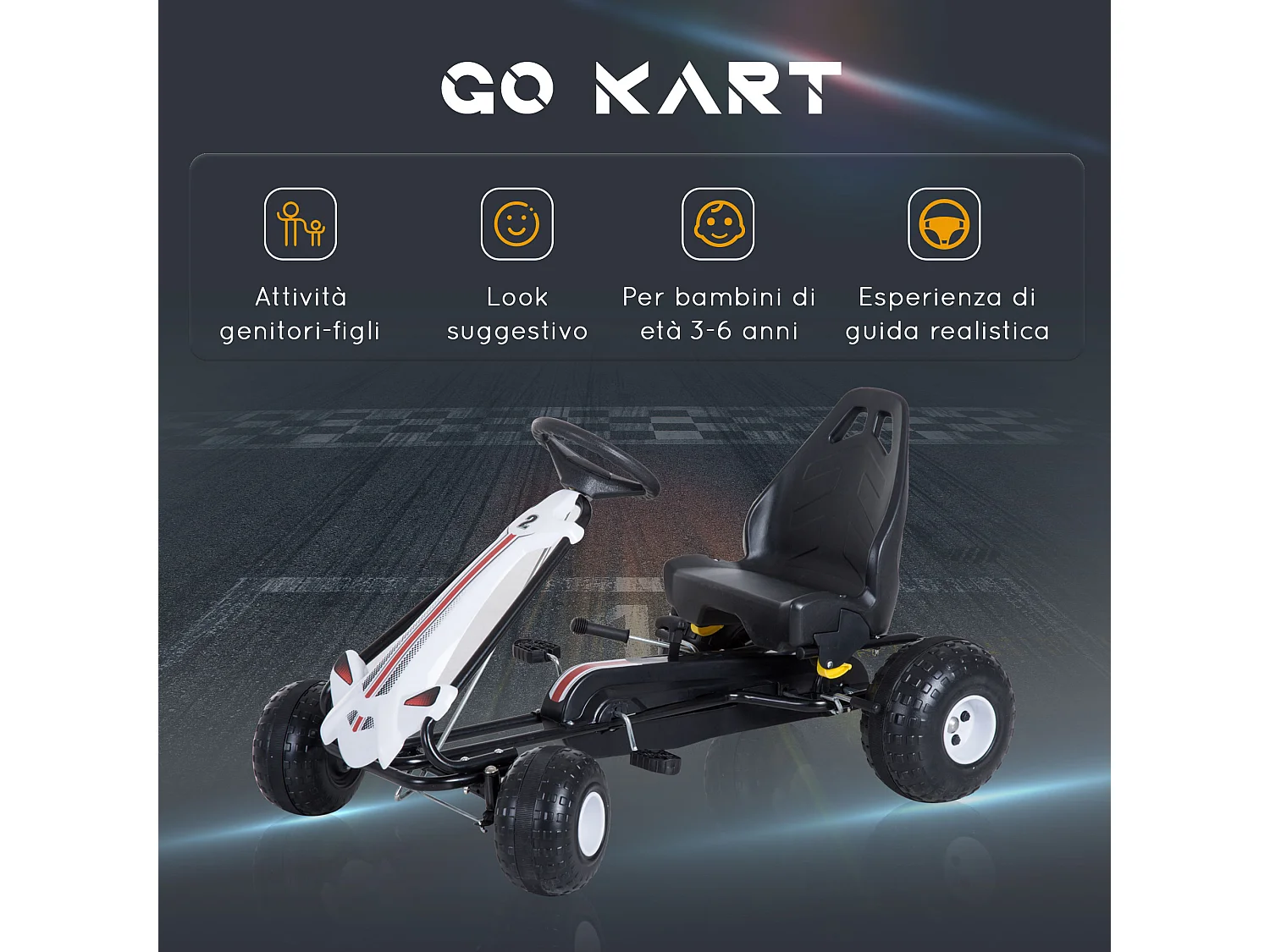 Go-kart a pedali per bambini con freno e frizione bianco e nero