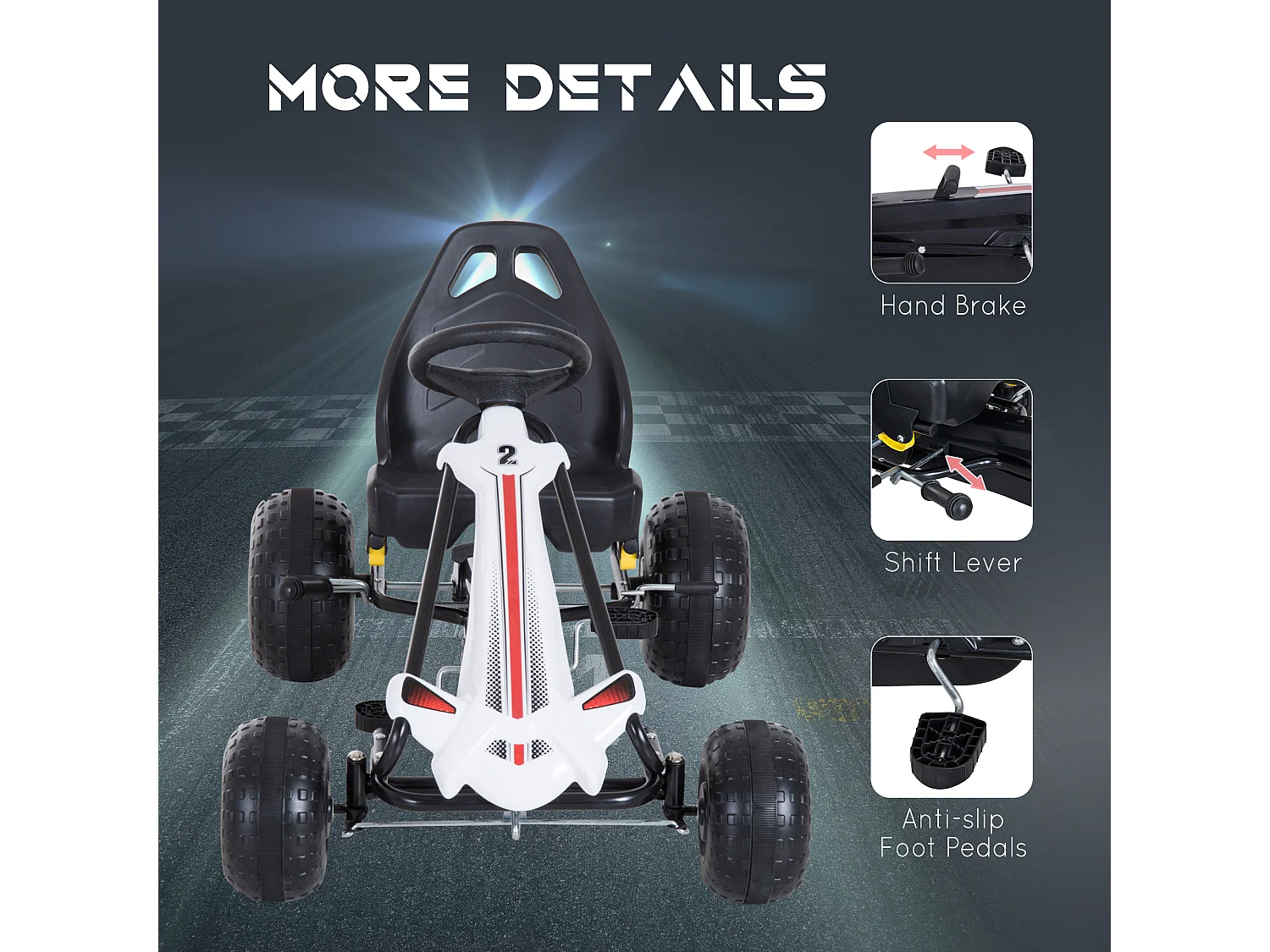 Go-kart a pedali per bambini con freno e frizione bianco e nero