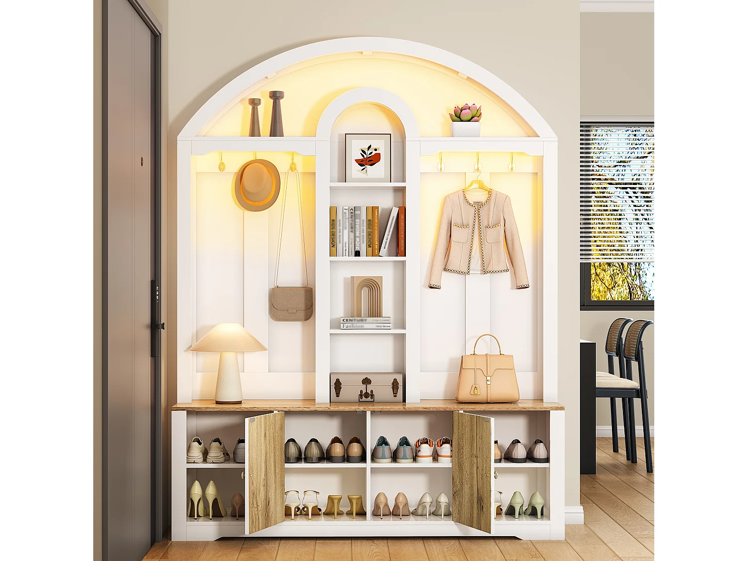 Flurschrank mit Schuhregal, Ablagen, Haken und 2 Türen – 150 x 40 x 195 cm – MDF – weiß