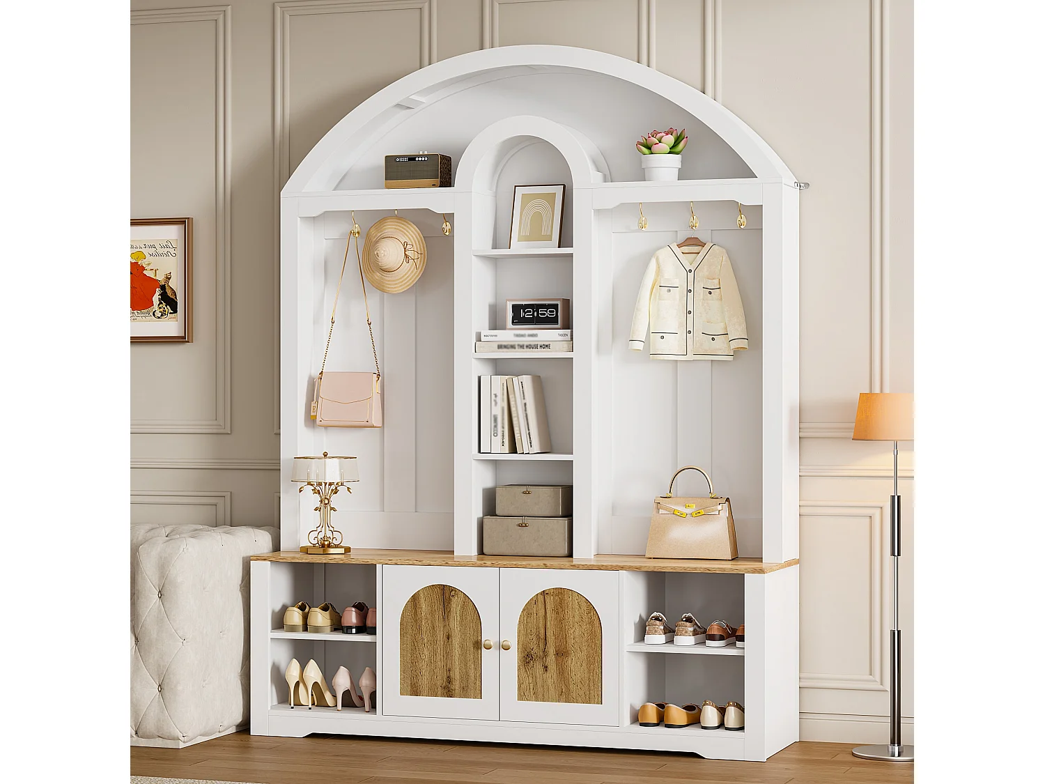 Flurschrank mit Schuhregal, Ablagen, Haken und 2 Türen – 150 x 40 x 195 cm – MDF – weiß