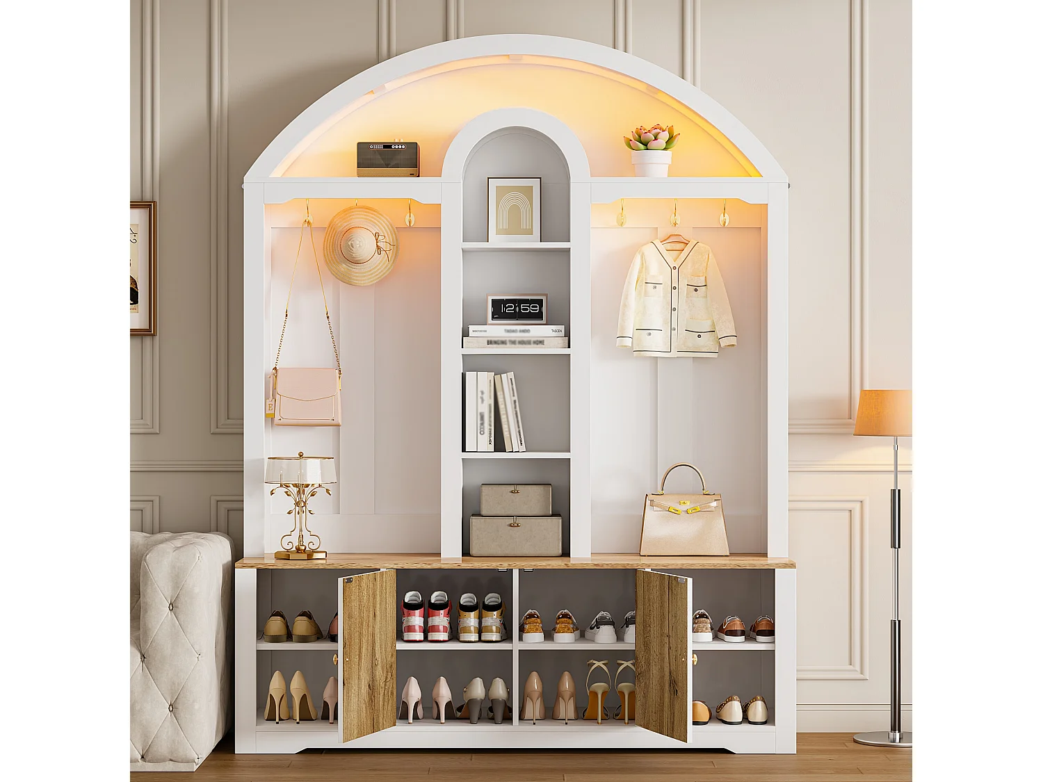 Flurschrank mit Schuhregal, Ablagen, Haken und 2 Türen – 150 x 40 x 195 cm – MDF – weiß