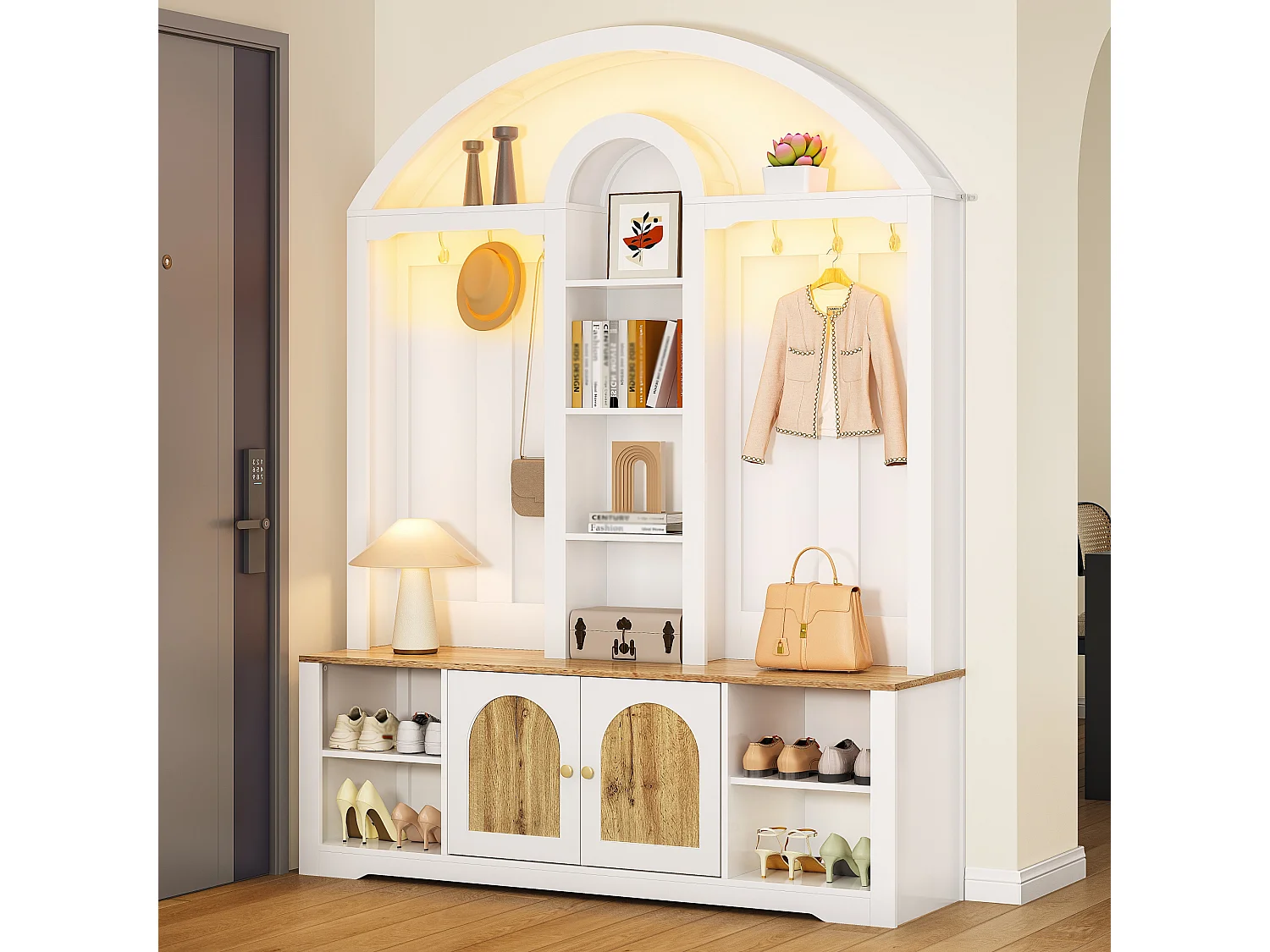 Flurschrank mit Schuhregal, Ablagen, Haken und 2 Türen – 150 x 40 x 195 cm – MDF – weiß