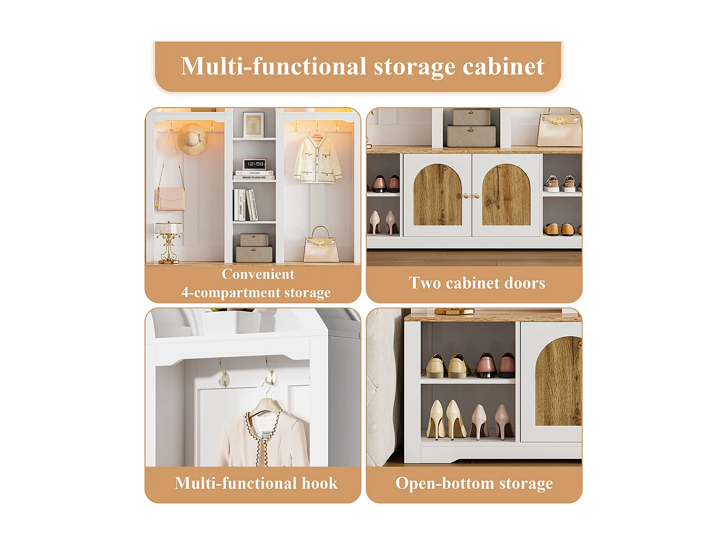 Flurschrank mit Schuhregal, Ablagen, Haken und 2 Türen – 150 x 40 x 195 cm – MDF – weiß