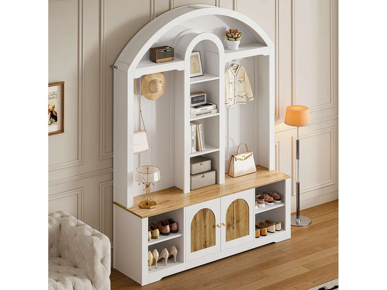 Vestiaire/meuble d'entrée avec étagère à chaussures + étagères + crochets + 2 portes - 150 x 40 x 195 cm - MDF - blanc