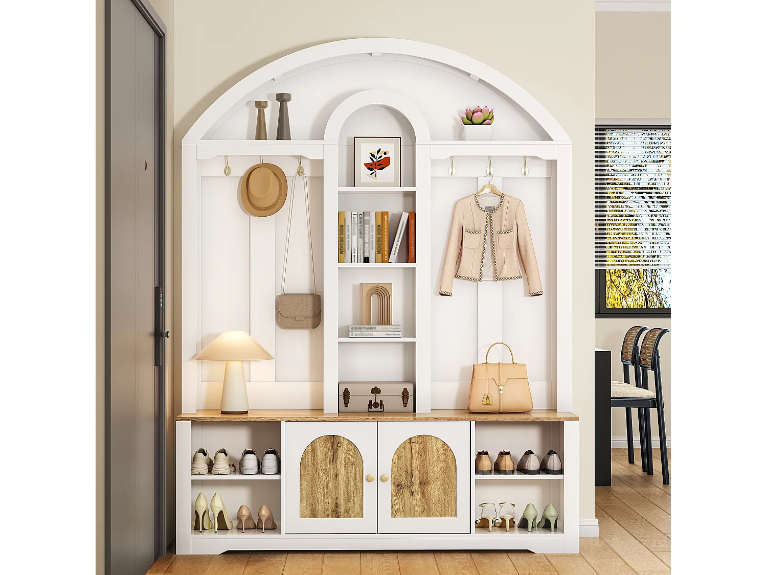 Flurschrank mit Schuhregal, Ablagen, Haken und 2 Türen – 150 x 40 x 195 cm – MDF – weiß