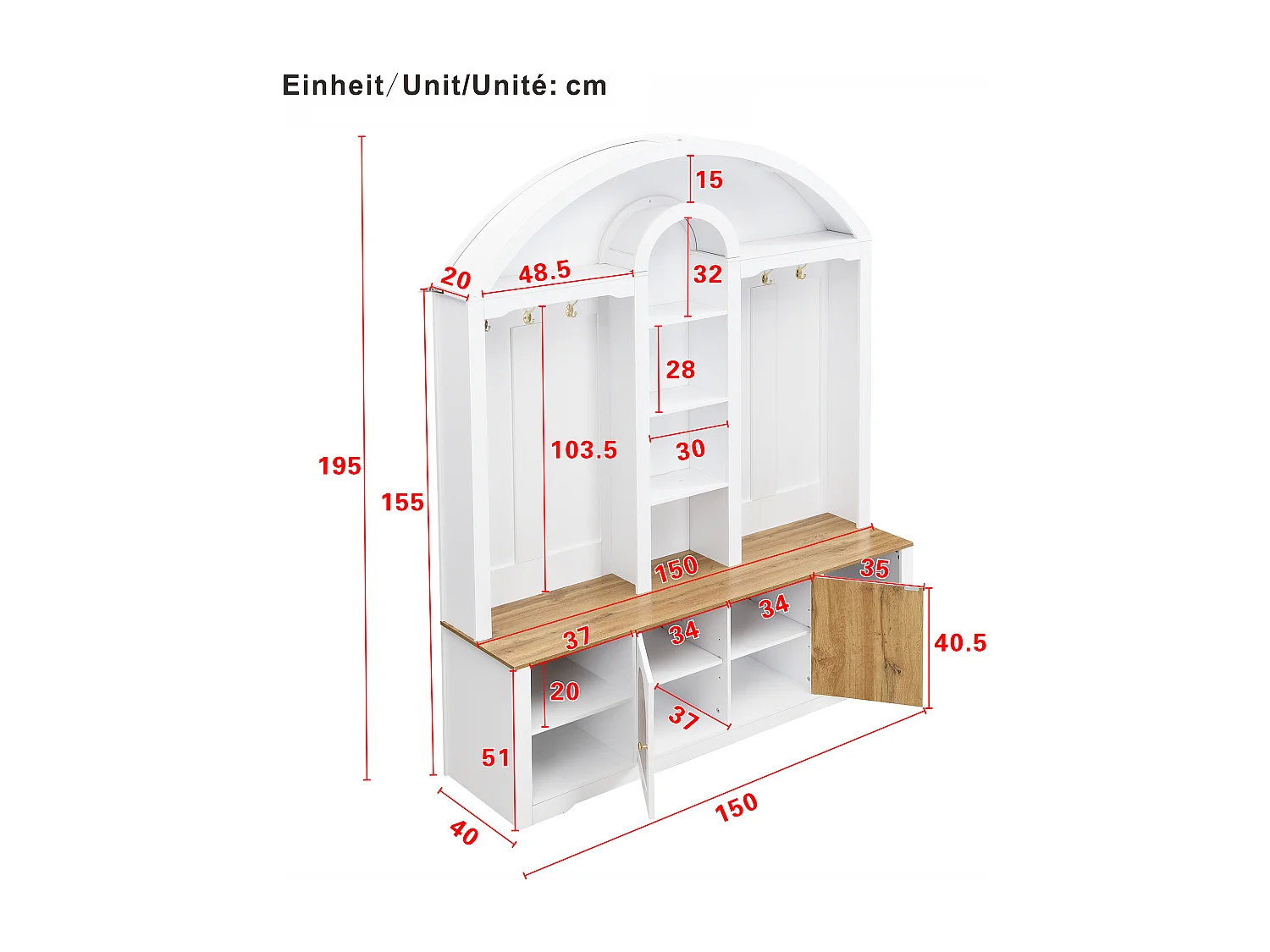 Flurschrank mit Schuhregal, Ablagen, Haken und 2 Türen – 150 x 40 x 195 cm – MDF – weiß