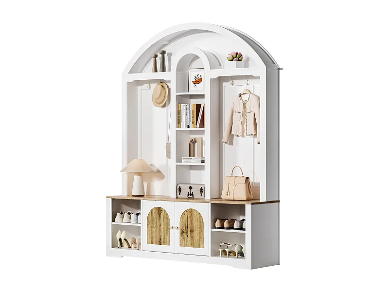 Mobiletto da ingresso/anta con scarpiera + ripiani + ganci + 2 ante - 150 x 40 x 195 cm - MDF - bianco