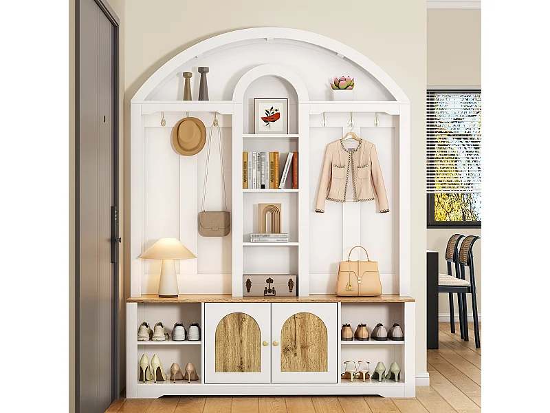 Vestiaire/meuble d'entrée avec étagère à chaussures + étagères + crochets + 2 portes - 150 x 40 x 195 cm - MDF - blanc