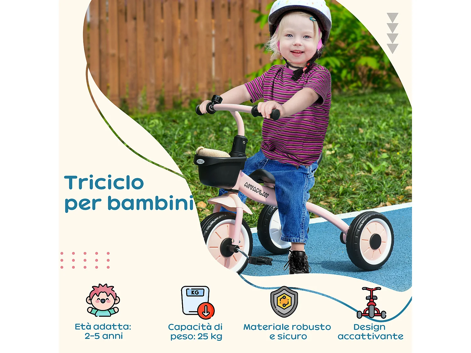 Triciclo per bimbi 2-5 anni regolabile con campanello rosa