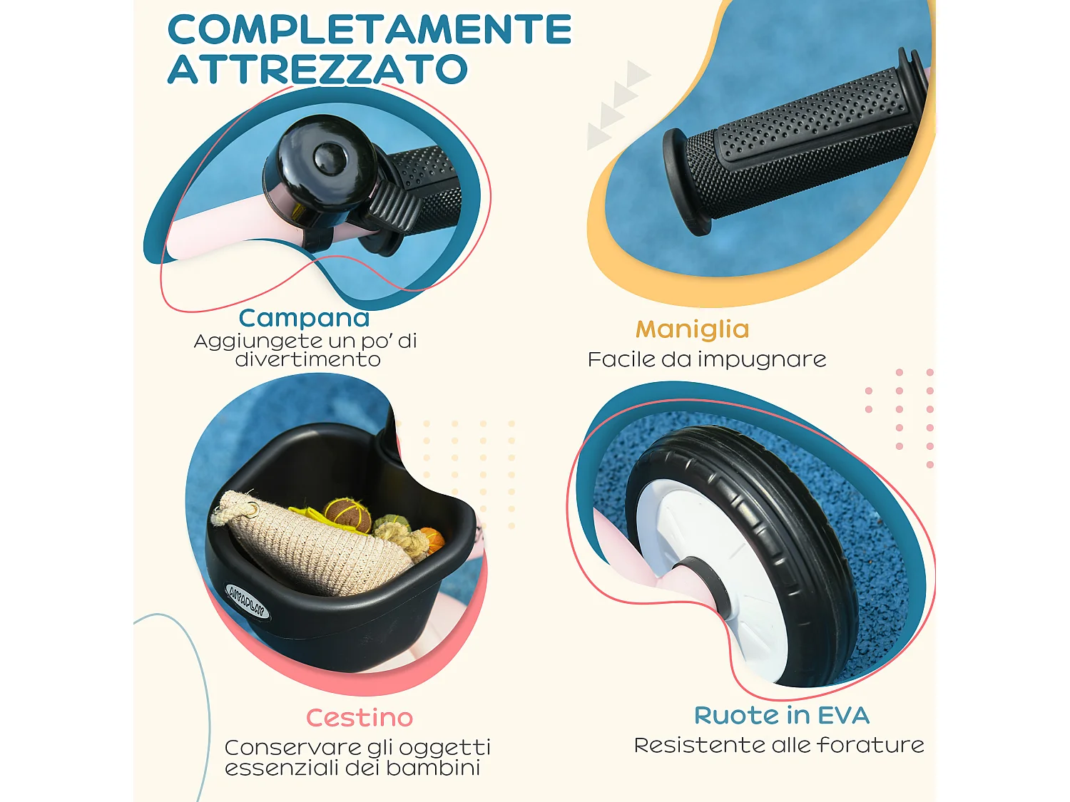 Triciclo per bimbi 2-5 anni regolabile con campanello rosa