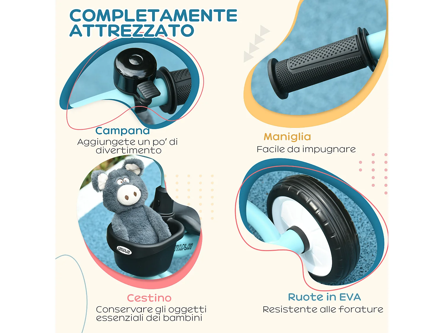 Triciclo per bimbi 2-5 anni regolabile con campanello blu