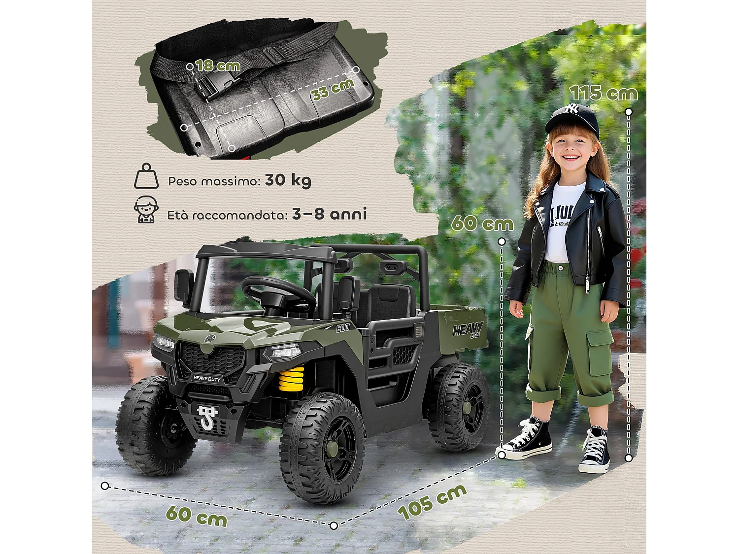 Macchina elettrica per bambini 12v con telecomando e bagagliaio verde