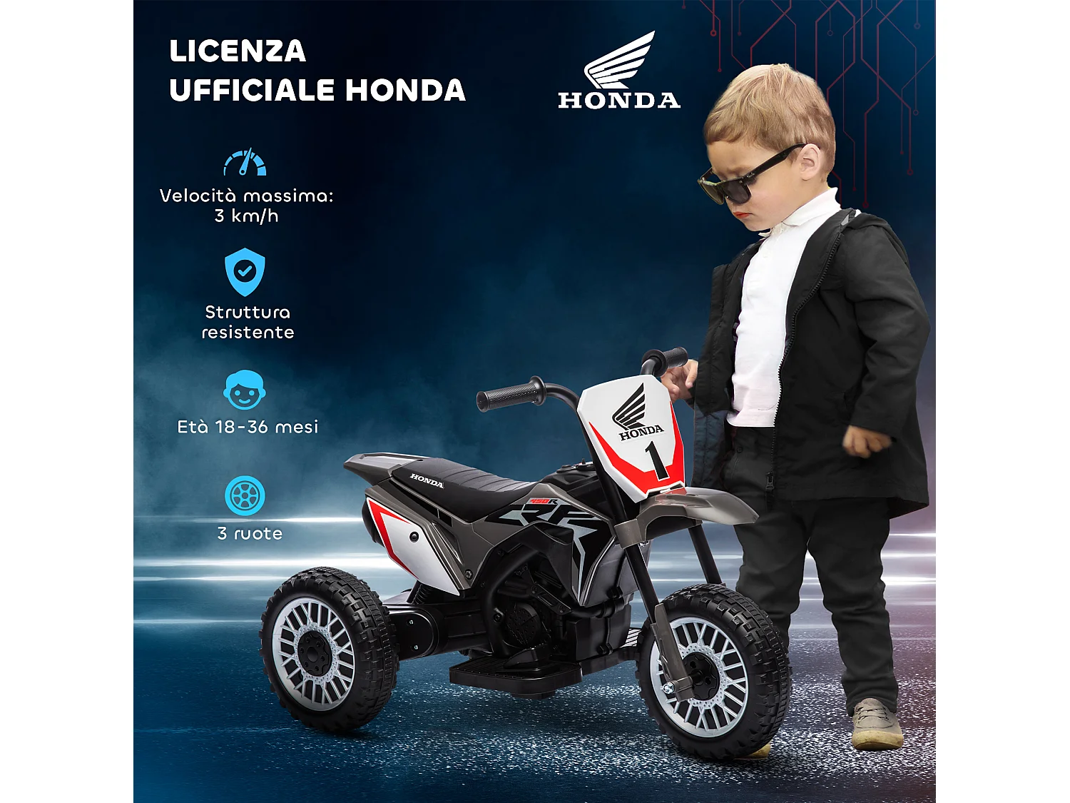 Moto da cross elettrica per bambini 18-36 mesi a 3 ruote grigia