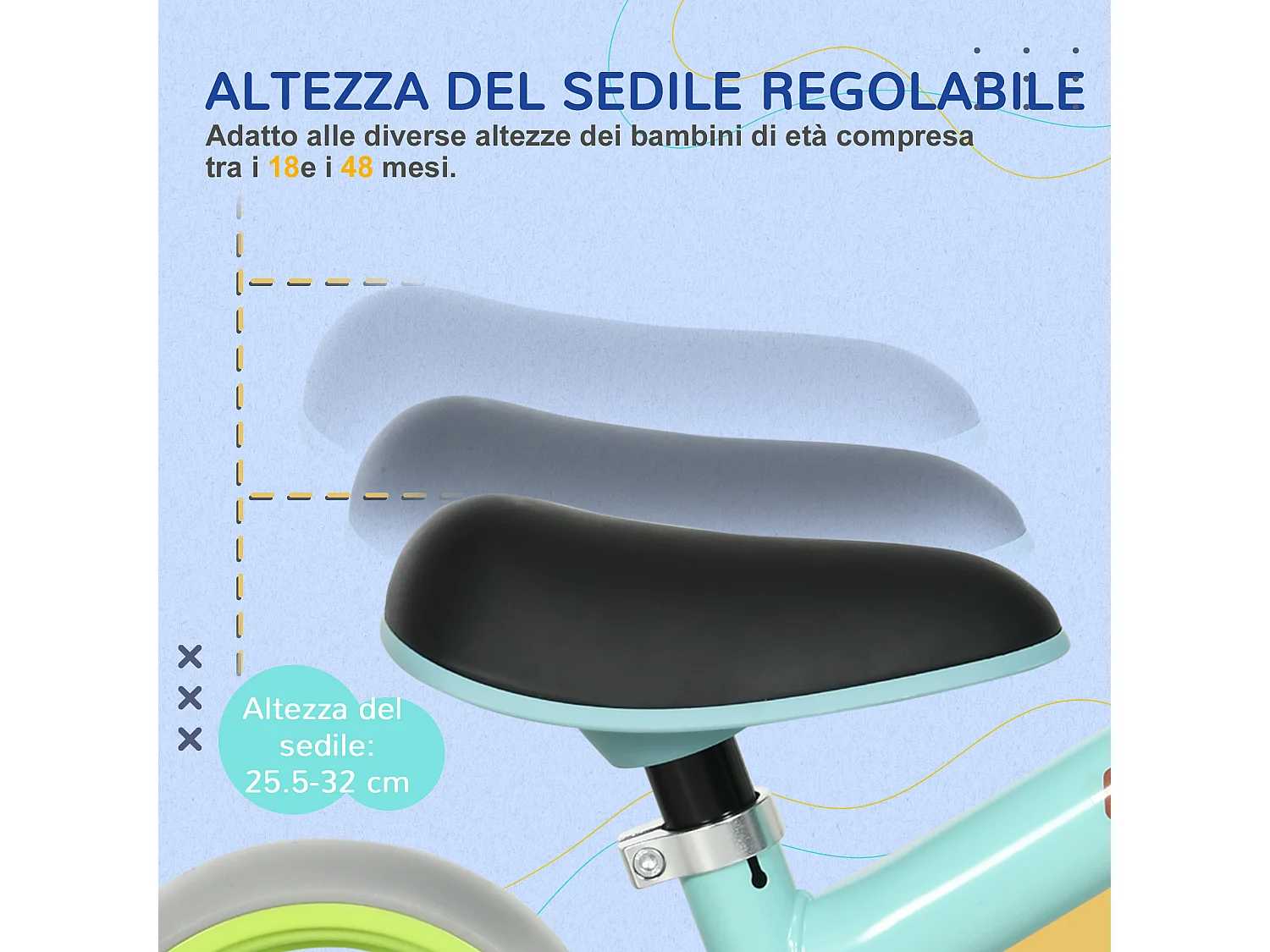 Bici senza pedali per bambini con sella regolabile multicolore