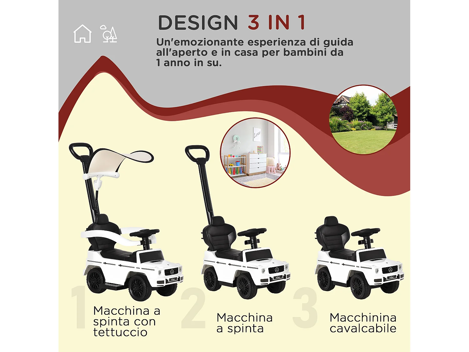 Macchina a spinta per bambini con tettuccio bianco