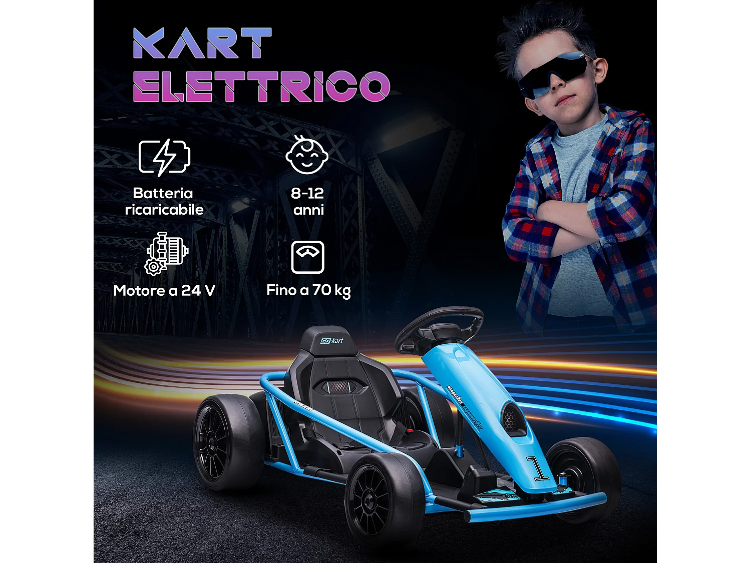 Go-Kart elettrico per bambini 8-12 anni in pp e metallo blu e nero