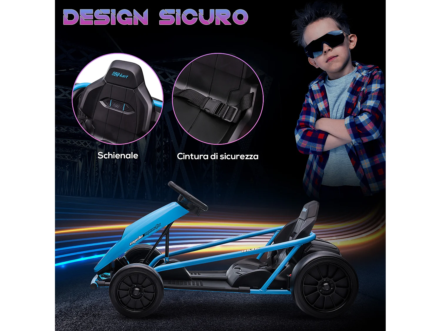 Go-Kart elettrico per bambini 8-12 anni in pp e metallo blu e nero