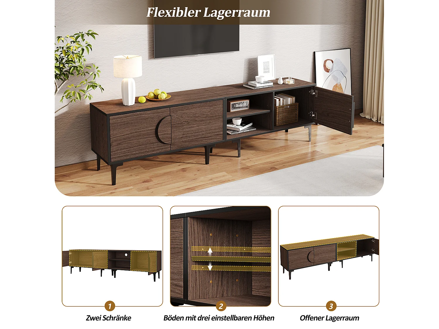 Niedriger TV-Ständer fürs Wohnzimmer – 180 x 35 x 49 cm – mit 3 Türen + offenen Regalen – für 80-Zoll-Fernseher – Spanplatte – braun