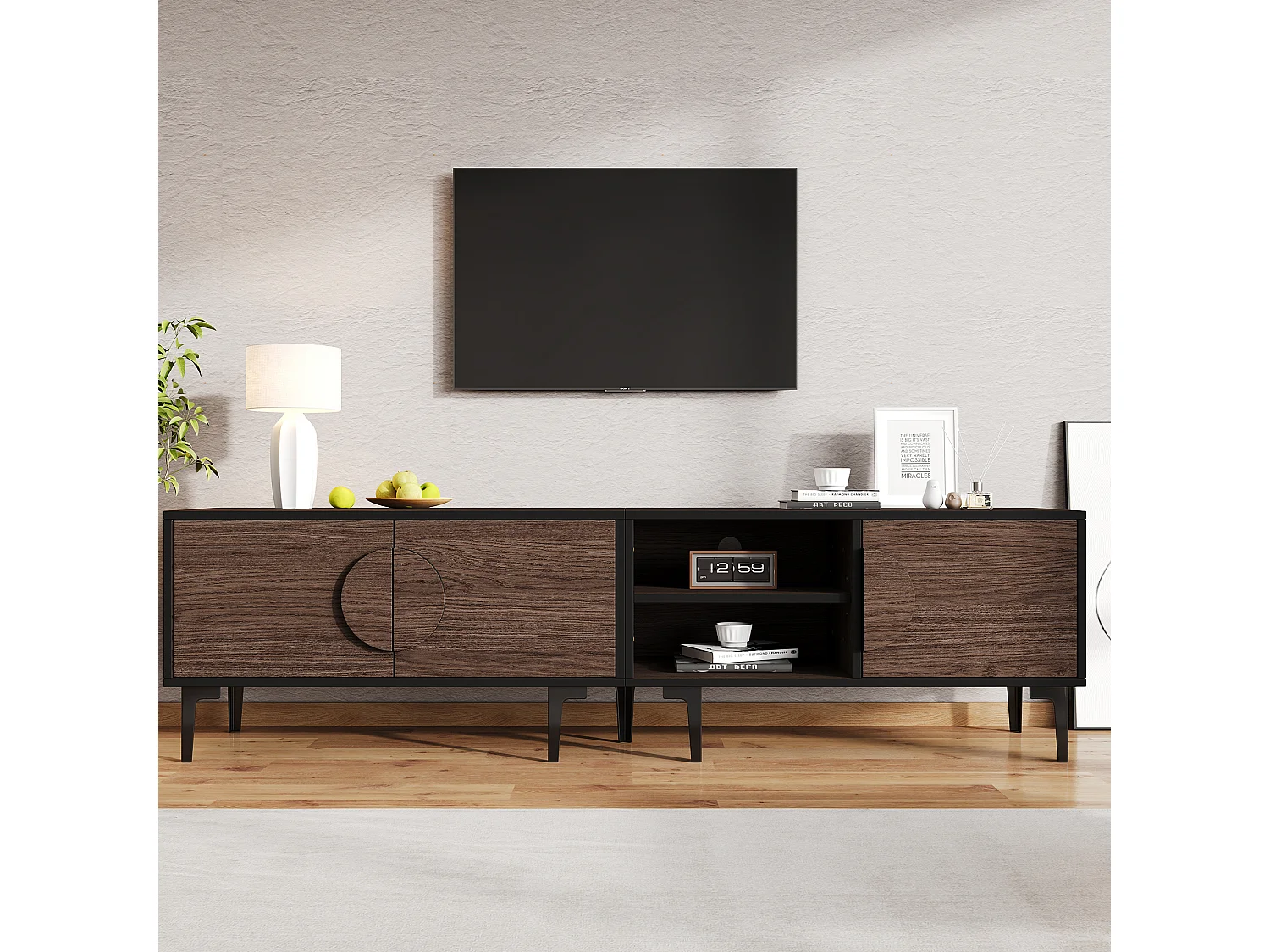Niedriger TV-Ständer fürs Wohnzimmer – 180 x 35 x 49 cm – mit 3 Türen + offenen Regalen – für 80-Zoll-Fernseher – Spanplatte – braun