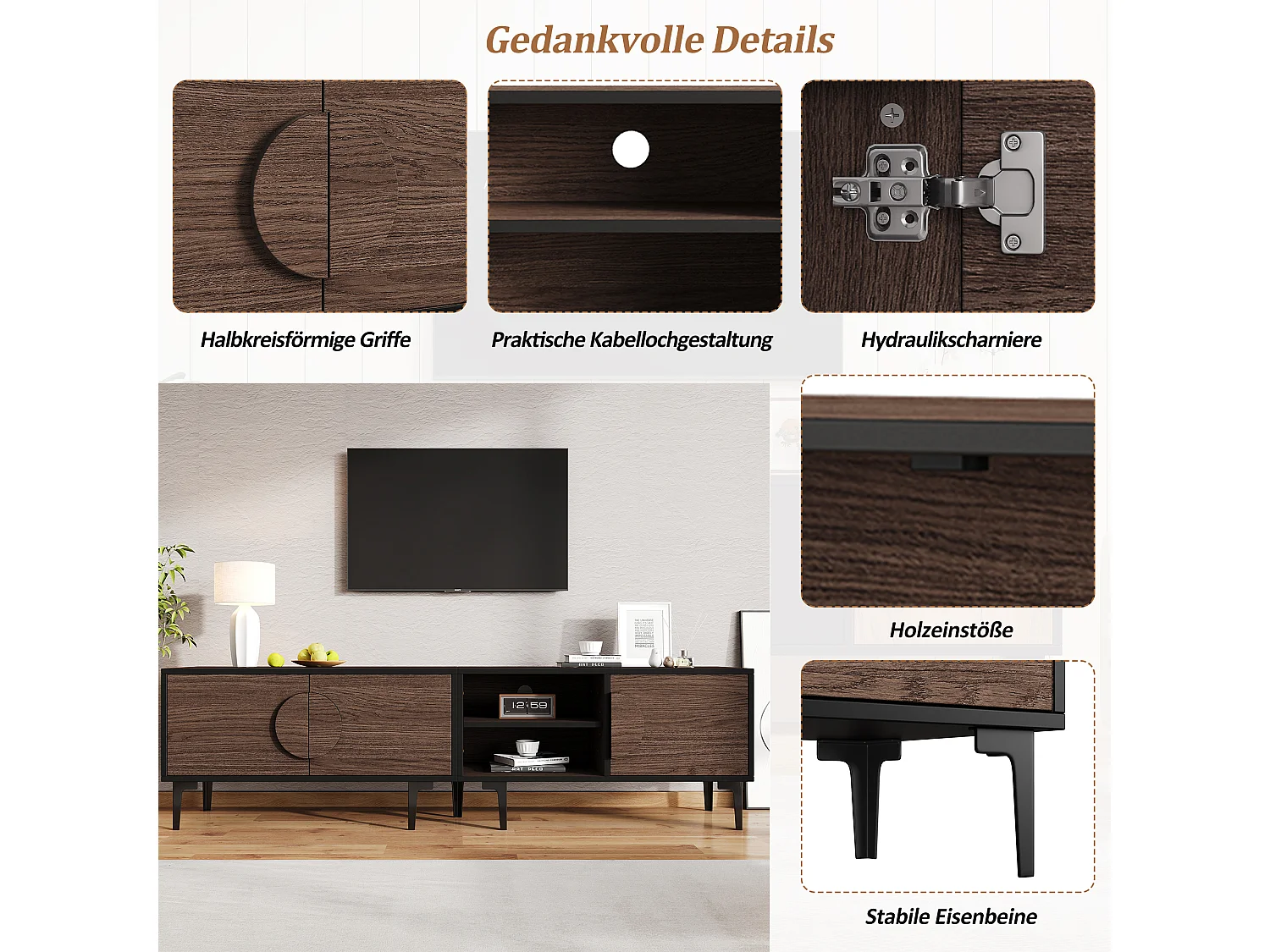 Niedriger TV-Ständer fürs Wohnzimmer – 180 x 35 x 49 cm – mit 3 Türen + offenen Regalen – für 80-Zoll-Fernseher – Spanplatte – braun
