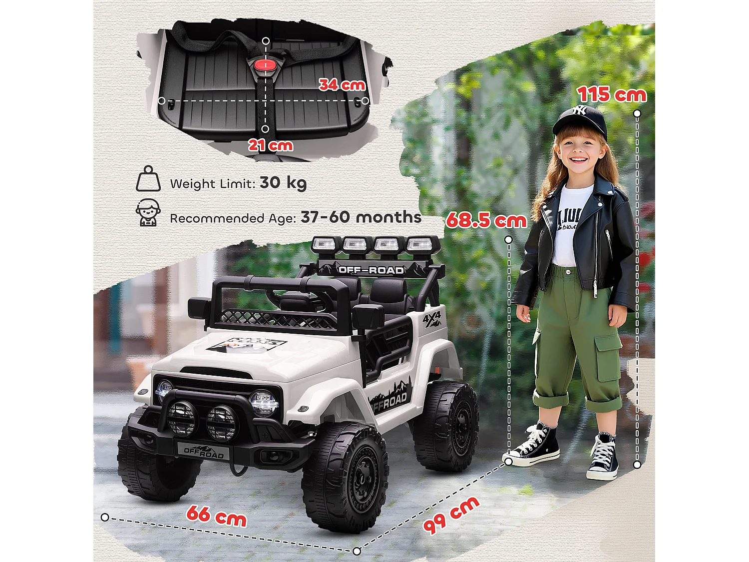 Fuoristrada per bambini con fanali, clacson e cintura bianco