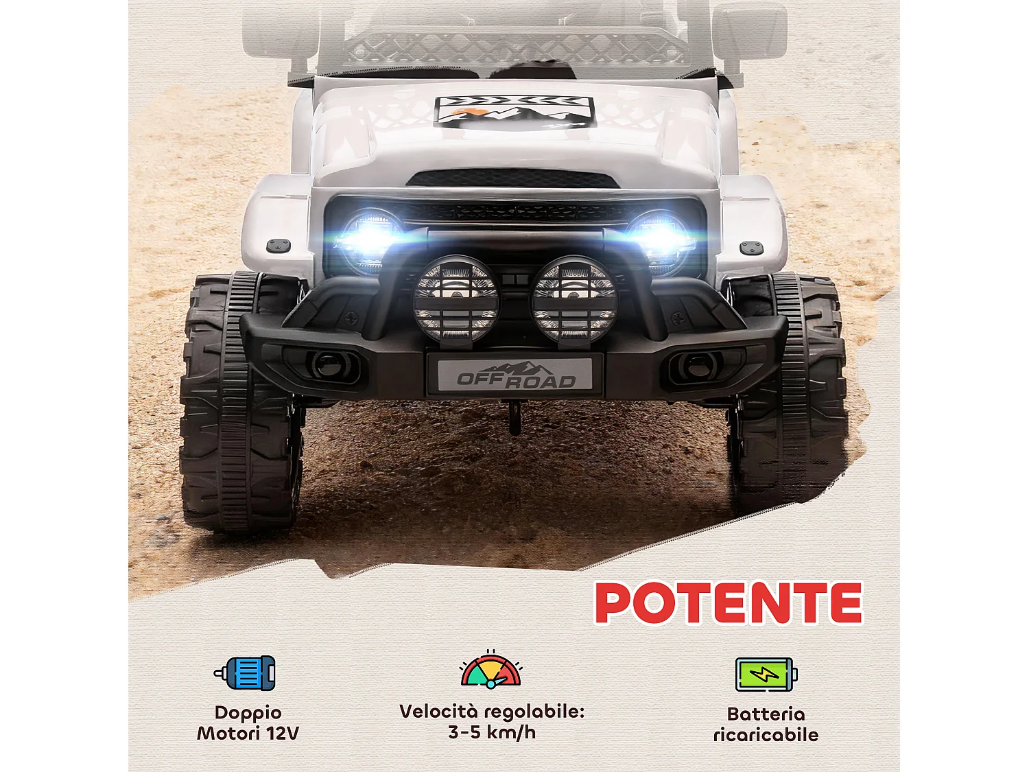 Fuoristrada per bambini con fanali, clacson e cintura bianco